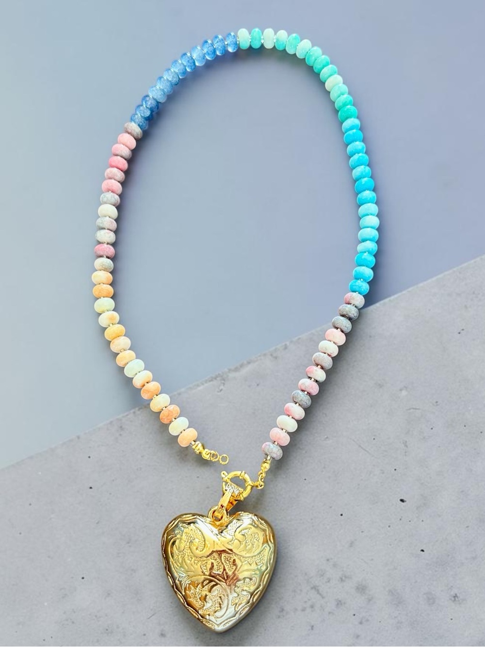 New Boho Antro-Style Gemstone Necklace with Large Gold Heart Pendant